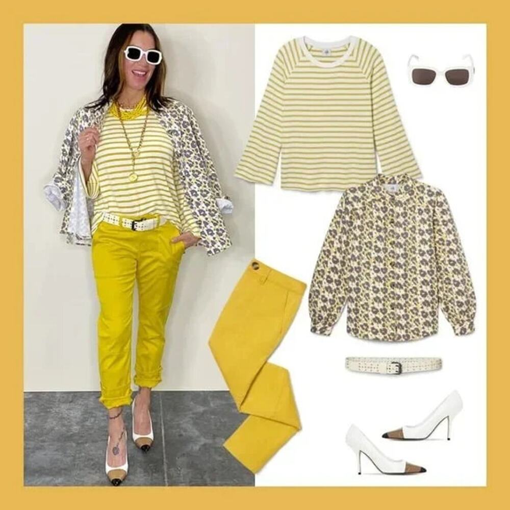 Cabi Yellow White Striped Crew Neck 3/4 Sleeve The Dreamer Standard Sweatshirt L